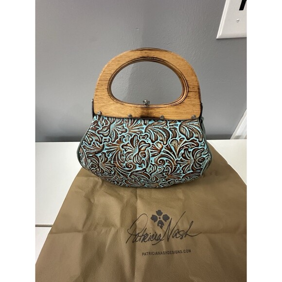 Patricia Nash Mirabella Turquoise Leather Wood Handle Purse Crossbody Floral Bag - Picture 13 of 13